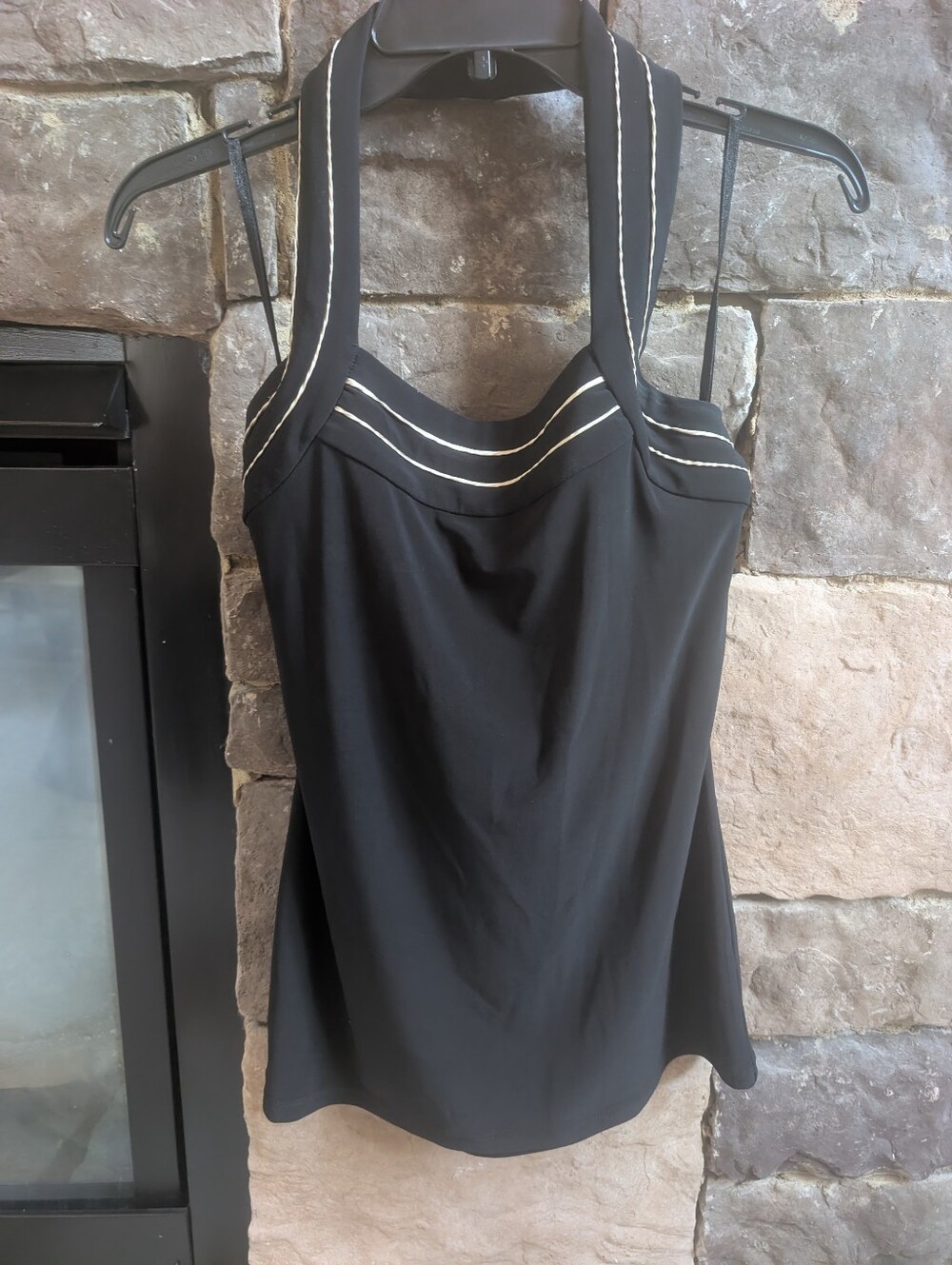 White House Black Market Black Halter Top With Gold Contrast Stitching